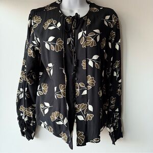 JOIE Black Cream Floral Drapey Blouse Long Sleeve V Neck Tassel Tie Size S